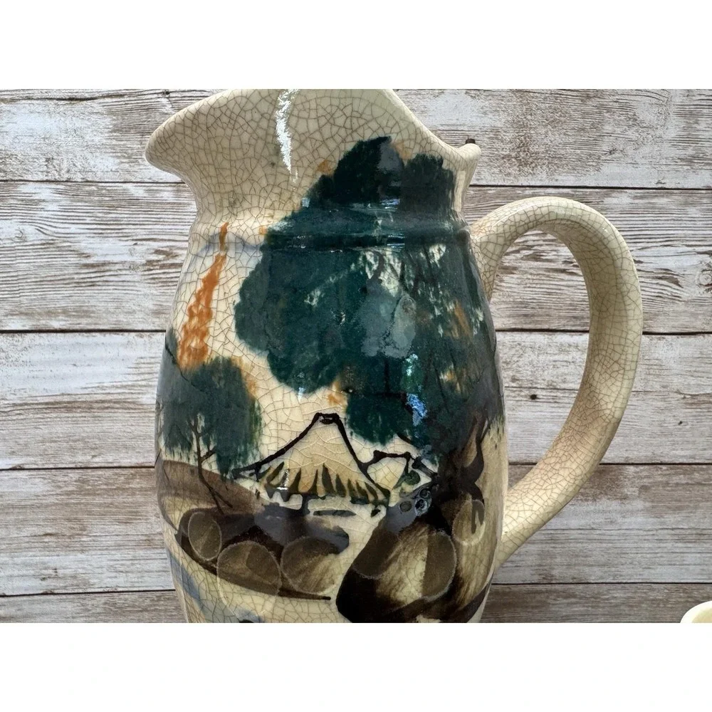 1940 Japanese Ceramic Pitcher 6 Tumbler Set Hand Painted Village Scene Showa VTG